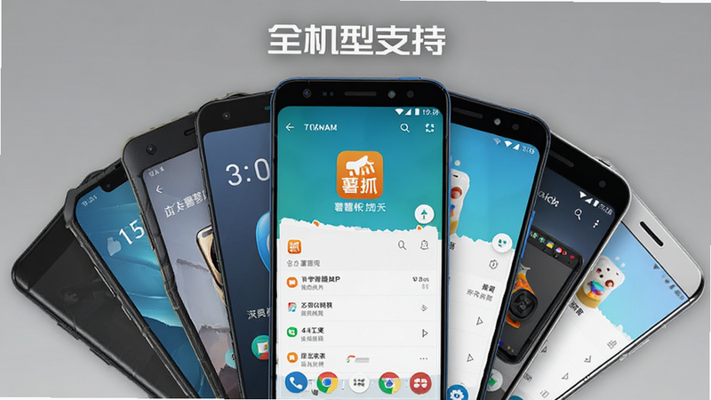 主体为多部不同品牌的安卓手机排列展示,布局呈扇形展开,中央突出显示一台运行薯抓应用的手机,排版具有层次感,风格为产品宣传图,细节显示手机屏幕上的薯抓界面,画质细腻,干净无多余元素,文字显示