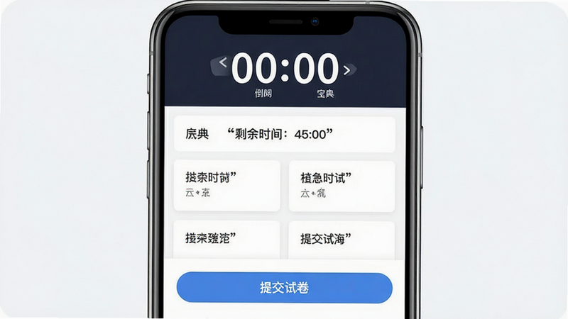 ����Ϊ�����˻����Ա��䡱APP��ģ�⿼�Խ��棬���ֳ��ֵ���ʱ��λ�ڶ������룬�·�Ϊ��Ŀ����ѡ���Կ�Ƭʽ���У����Ϊ��������磬ϸ�ڴ���ʾ��ʣ��ʱ�䣺45:00�������ύ�Ծ�����ť������������ţ����ʸ��壬�����ұ���