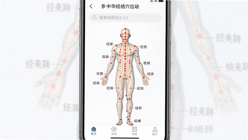 ����Ϊ�ֻ���Ļչʾ���л�����Ѩλ��APP���棬��������������Ϊ���������м�Ϊ�����������͸��ͼ����ע��ɫѨλ�㣬�ײ�Ϊ���ܵ��������Ű����࣬����Լ�ִ���ϸ�ڴ���ʾѨλ�������֣����ʸ��壬�ɾ����޶���Ԫ��