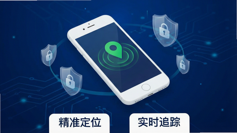 一张展示“定位手机查找管家”安卓应用核心界面的高清设计图,主体为深蓝色科技背景,中央悬浮着白色手机模型,屏幕显示绿色定位图标与脉冲波纹,周围环绕半透明的盾牌图标代表安全,底部有“精准定位”“实时追踪”的白色中文标签,风格为现代扁平化UI设计,细节清晰,画质4k,干净无多余元素