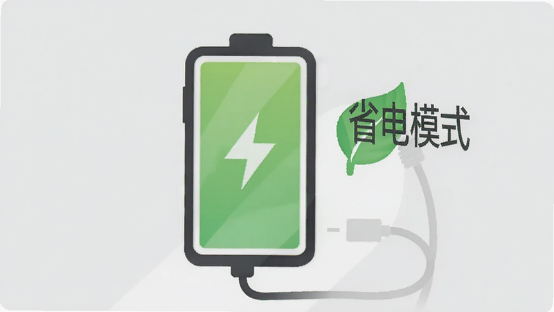 一张手机电池图标正在充电,旁边有一个绿色的叶子符号,象征“定位手机查找管家”的低功耗节能特性,背景为浅灰色极简风格,主体居中,文字标签“省电模式”清晰可见,风格为简约矢量插画,干净无杂乱