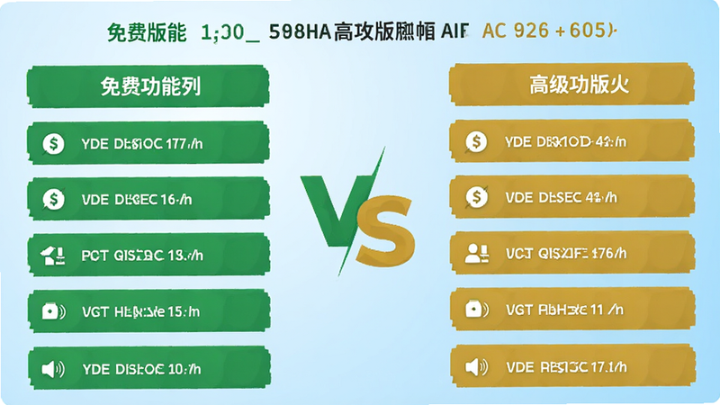 一张对比图表,左侧为免费版功能列表,右侧为高级版功能列表,用绿色和金色区分,中间有一个VS符号,背景为浅蓝色渐变,风格为扁平化信息图表,文字清晰可读,布局对称,干净简洁