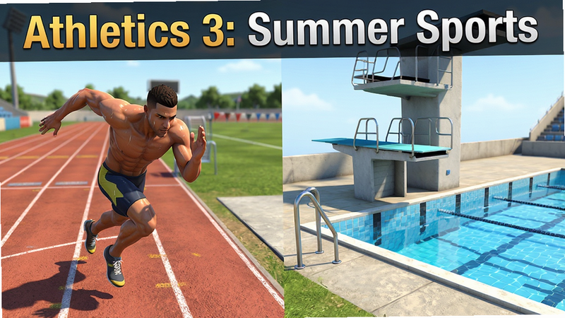 主体为Athletics 3: Summer Sports游戏主界面,布局展示田径跑道、跳水台和泳池场景,排版整洁,风格为写实3D游戏渲染,细节丰富包括运动员肌肉线条和汗水质感,画质4k高清,干净无多余元素,文字