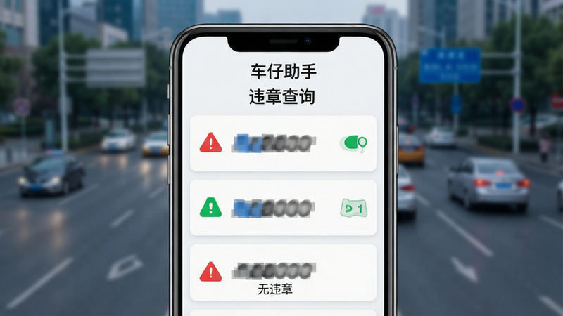 一张展示违章查询流程的概念图,主体为手机屏幕显示查询结果列表,背景为模糊的城市道路,布局聚焦屏幕内容,排版清晰,风格科技感,细节包括红色警告图标、绿色正常状态、车牌号遮挡处理,画质锐利,干净无水印,文字内容包含