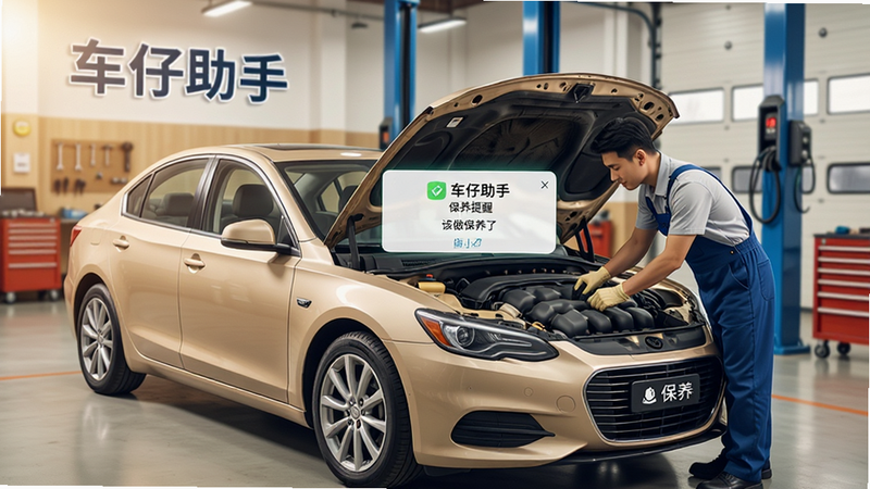 一张关于车辆保养提醒功能的场景图,主体为一辆整洁的家用轿车,背景为4S店或维修车间,布局平衡,排版隐含APP界面元素,风格写实且温暖,细节包括技师正在检查引擎、APP弹窗提示