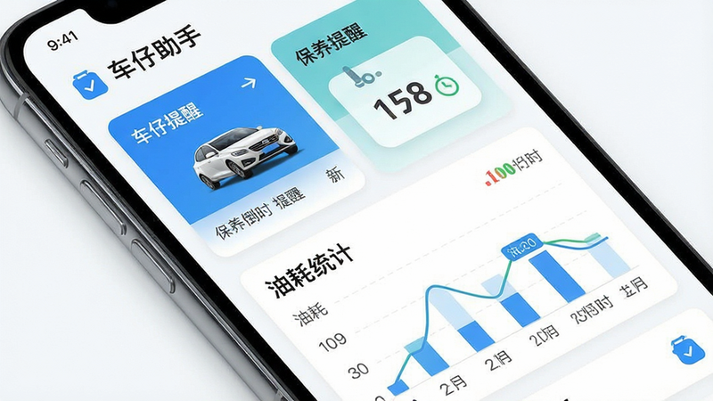一张展示车仔助手APP主界面的高清预览图,主体为手机屏幕,显示车辆卡片、保养倒计时、油耗图表等模块,布局清晰,排版整洁,风格简约现代,细节包括蓝色主色调图标、白色背景、清晰字体,画质极高,干净无多余元素,文字内容包含