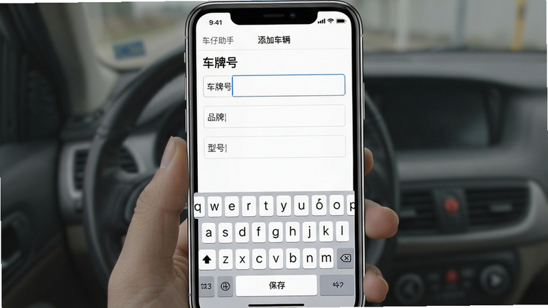 一张添加车辆信息表单的界面图,主体为手机屏幕显示输入框,包含车牌、品牌、型号等字段,布局整齐,排版友好,风格简约实用,细节包括键盘弹起状态、输入光标,画质清晰,干净无多余按钮,文字内容包含