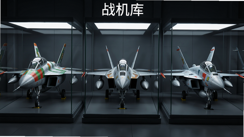 天空战机机库展示界面,主体为三架不同造型的战机并排陈列在透明玻璃展柜中,布局为横向三列式排版,背景为深灰色科技感机库环境,灯光聚焦于每架战机,风格为现代军事科幻风,细节展现战机涂装纹理与起落架结构,画质高清,干净无杂物,文字