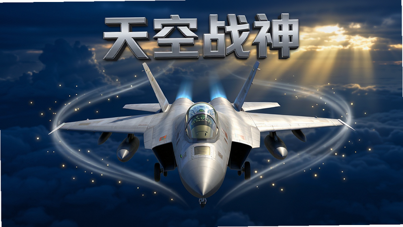 天空战神2.0版本主界面预览,主体为一架流线型银灰色战斗机居中悬浮,背景是深蓝色高空云层与金色阳光穿透云隙,布局采用中心对称构图,战机周围环绕着动态气流线条与微光粒子,排版整洁无杂物,风格为高精度3D渲染写实风,细节展现金属质感与驾驶舱玻璃反光,画质4K高清,干净无多余元素,文字