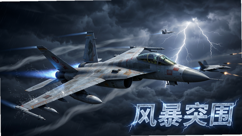 天空战神雷暴天气战斗场景,主体为一架战机在乌云密布的天空中疾驰,布局采用纵深透视构图,远处闪电劈开云层照亮战场,近处雨滴与气流交织,风格为史诗级游戏CG风,细节刻画雨水打在机翼上的飞溅效果,画质电影级,干净无多余UI,文字