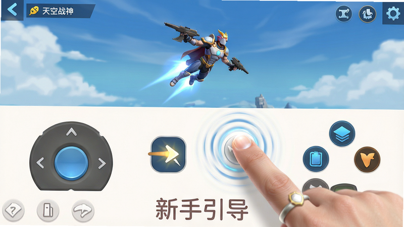 天空战神新手教程界面,主体为一个手指正在点击虚拟摇杆的特写,布局采用上下分屏结构,上方为游戏内飞行画面,下方为操作说明图标,风格为清晰易懂的UI设计风,细节展现手指触控的高光效果与按键涟漪动画,画质清晰,干净无杂乱背景,文字