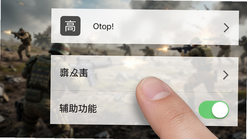 手机端设置界面截图,显示图形选项、声音设置和辅助功能开关,界面简洁,手指正在点击“高”画质选项,背景为模糊的战场画面,风格清晰直观,细节准确,画质高清,无多余元素