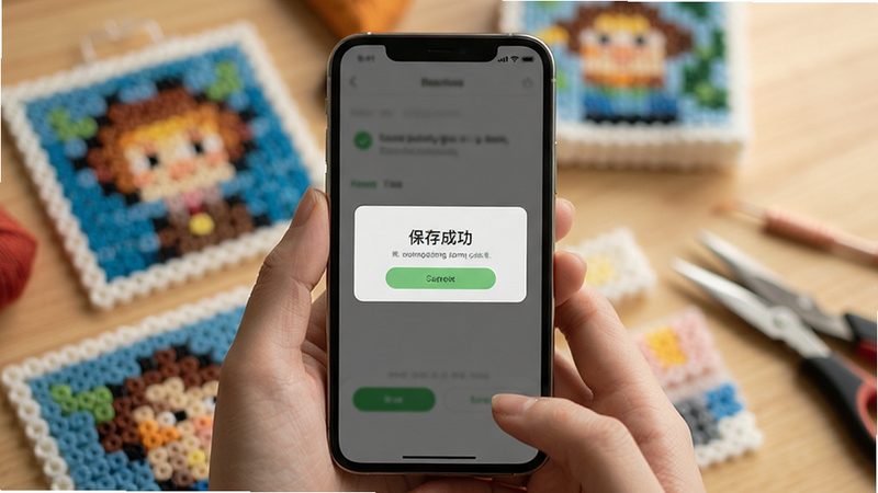 图转拼豆图纸集导出功能界面,主体为手机屏幕,显示“保存成功”提示框,背景为模糊的拼豆作品照片,风格温馨生活化,细节体现操作便捷性,画质清晰,无水印干扰