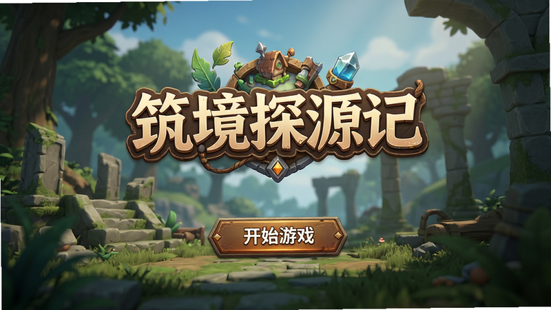 主体为游戏《筑境探源记》的主界面截图,布局居中,显示游戏Logo和“开始游戏”按钮,排版简洁大气,风格为写实3D渲染,细节丰富,画质高清,干净,无多余元素,文字“筑境探源记”清晰可见