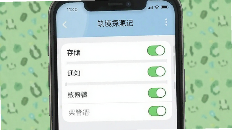 主体为手机设置界面中显示“筑境探源记”权限管理的示意图,布局清晰,列出存储、通知等权限开关,排版整齐,风格为扁平化UI设计,细节准确,画质清晰,干净,无多余元素,文字“权限管理”清晰可见