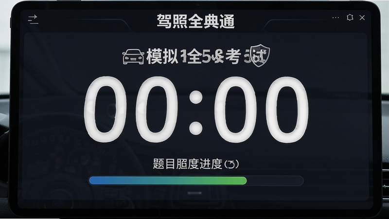 “驾照全典通”模拟考试界面,屏幕中央显示巨大的倒计时数字和题目进度,背景为深色模式,突出屏幕内容,风格严肃专注,文字对比度高,画质清晰,无干扰元素
