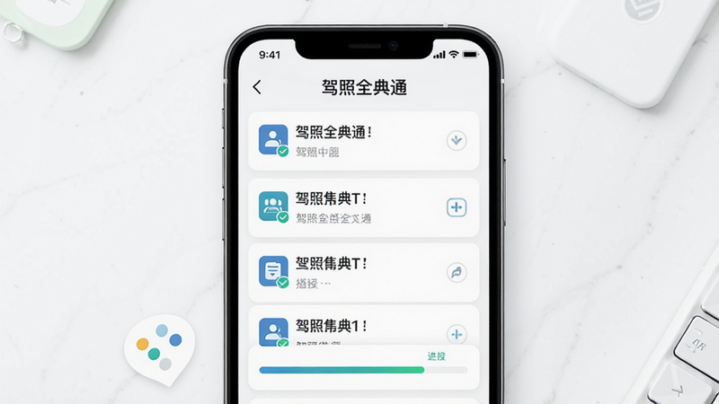 一张展示“驾照全典通”APP界面的高清截图,主体为手机屏幕,显示着清晰的题目列表和进度条,背景为简洁的白色,风格现代简约,文字清晰可见,画质高清,无多余元素