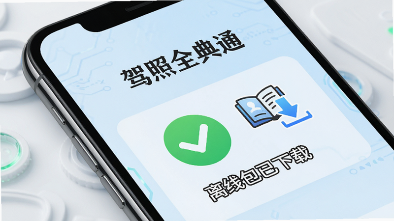 展示“驾照全典通”离线下载功能的界面,手机屏幕显示“离线包已下载”的绿色对勾图标,旁边配有书籍和下载箭头的图标,背景淡蓝色,风格科技感,文字清晰,画质细腻,无杂乱背景