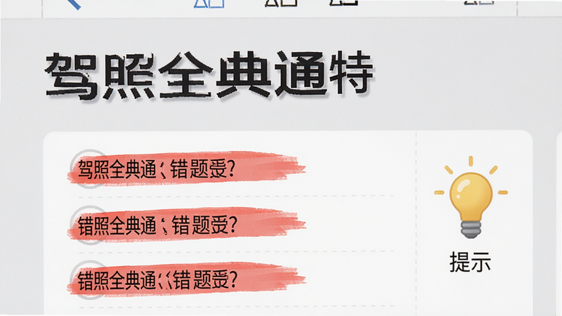 “驾照全典通”错题本页面特写,显示红色标记的错题列表,旁边有一个灯泡图标代表“提示”,界面整洁,字体易读,背景浅灰色,风格专业,细节精致,高清画质,无水印
