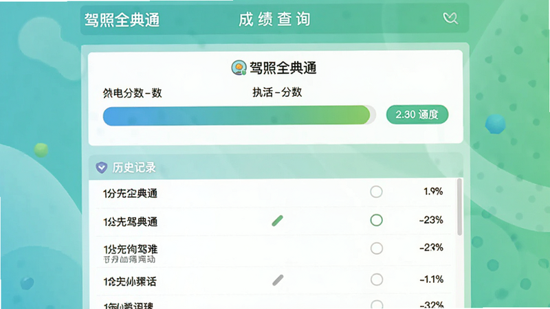 “驾照全典通”成绩查询页面,显示分数条和历史记录列表,界面简洁,色调清新,文字易读,画质清晰,无广告干扰
