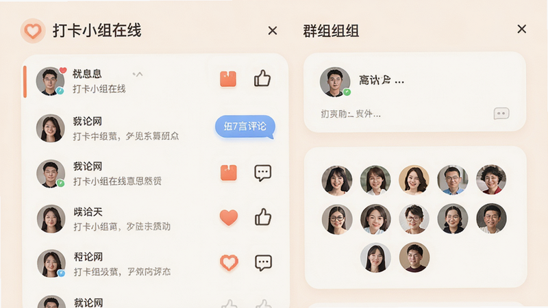 主体为社区交流界面,展示用户互动场景,布局为消息列表与群组卡片,排版温馨友好,风格社交化,细节包含点赞图标、评论气泡、成员头像墙,画质柔和,干净,无多余元素,文字显示