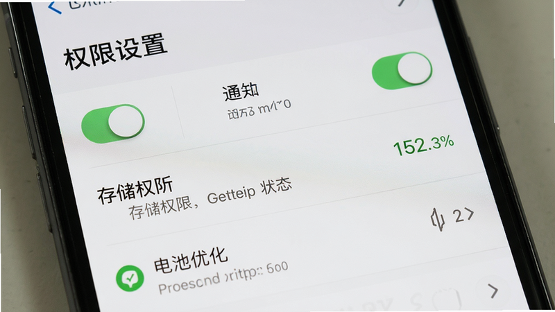 主体为手机设置界面,展示权限管理页面,布局为列表形式,排版清晰,风格系统原生UI,细节包含通知开关、存储权限状态、电池优化选项,画质清晰,干净,无多余元素,文字显示