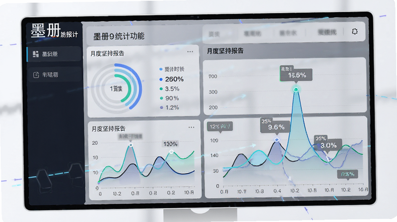 主体为数据仪表盘界面,展示墨册的统计功能,布局为多图表组合,包含环形进度与趋势线,排版专业严谨,风格科技感与简约结合,细节包含数据标签、日期轴、高亮峰值点,画质清晰,干净,无多余元素,文字显示