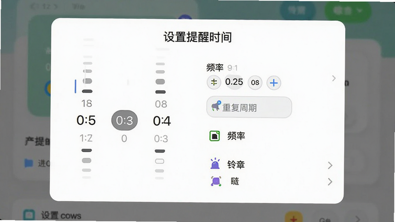 主体为提醒设置界面,展示时间选择器与频率选项,布局为弹窗式,排版简洁,风格现代,细节包含时间滚轮、重复周期图标、铃声选择列表,画质清晰,干净,无多余元素,文字显示