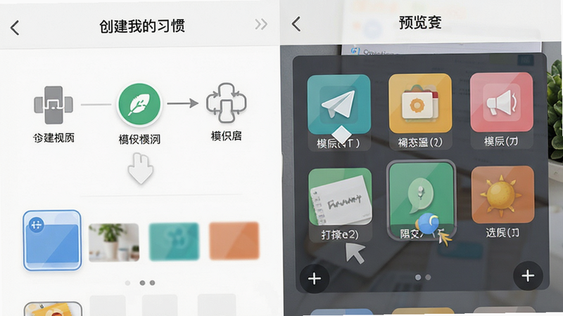 主体为应用界面截图,展示自定义创建打卡项目的流程,布局分为步骤指引区与预览区,排版清晰直观,风格扁平化,细节包含拖拽交互提示、模板选择图标、色彩搭配方案,画质细腻,干净,无多余元素,文字显示