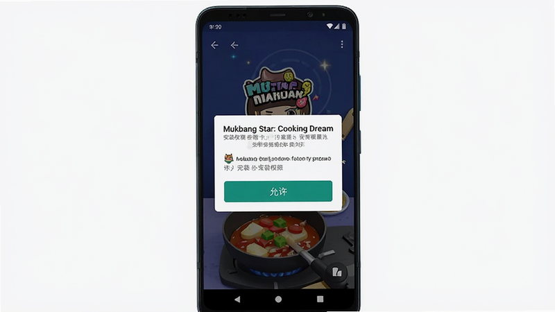主体为手机界面显示Mukbang Star: Cooking Dream的安装权限设置弹窗,布局清晰突出“允许”按钮,排版简洁现代,风格科技感,细节展示安卓系统图标与文字说明,画质清晰,色彩对比度高,干净背景,无多余干扰元素
