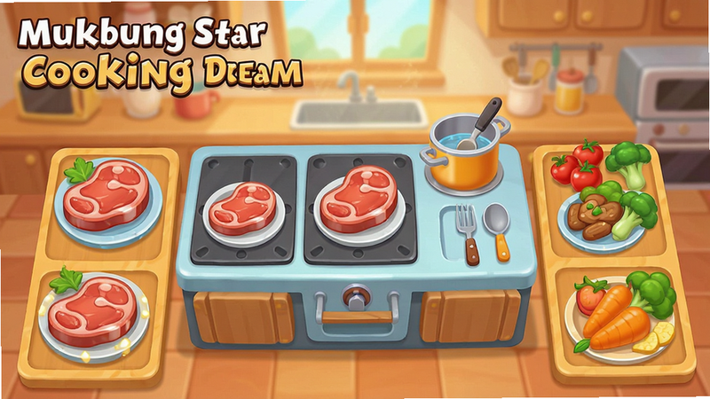 主体为Mukbang Star: Cooking Dream游戏主界面,布局清晰展示中央烹饪台与周围食材区,排版采用扁平化卡通风格,色彩鲜艳明亮,细节丰富展示光泽感强的肉类蔬菜,画质高清8k,干净无多余元素,背景为温馨厨房
