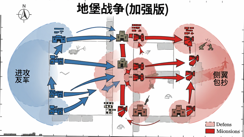 展示《地堡战争(加强版)》的战斗策略示意图。主体为战场地图,用箭头标示出部队进攻路线和防御要点。布局清晰,分为进攻、防御、侧翼包抄三个区域。排版简洁明了,使用不同颜色区分友军(蓝)和敌军(红)。风格为战术指挥地图,线条清晰。细节包括关键建筑图标、火力覆盖范围阴影等。画质高清,平面化设计,干净背景,无多余文字。