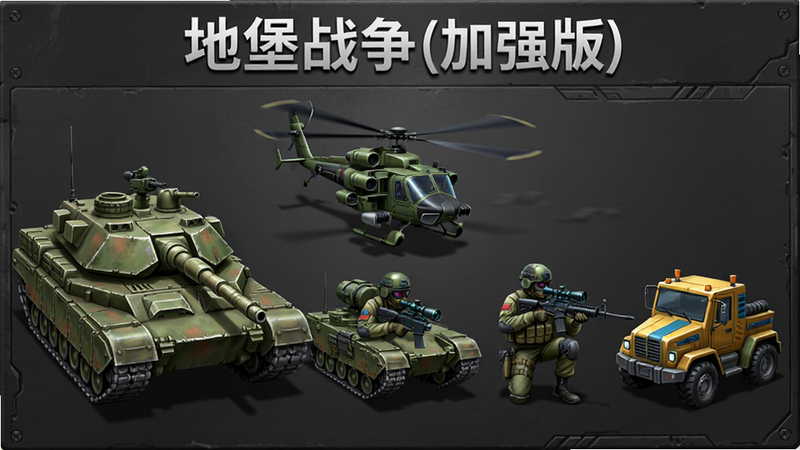 绘制《地堡战争(加强版)》的兵种图鉴海报。主体为多种军事单位并排展示,包括重型坦克、武装直升机、狙击手和工程车。布局整齐,从左至右按攻击距离排列。排版简洁,背景为深灰色金属质感面板。风格为军事科幻插画,线条硬朗。细节展现车辆装甲纹理、士兵战术装备、直升机旋翼等。画质锐利,色彩饱和度高,干净背景,无多余装饰文字。