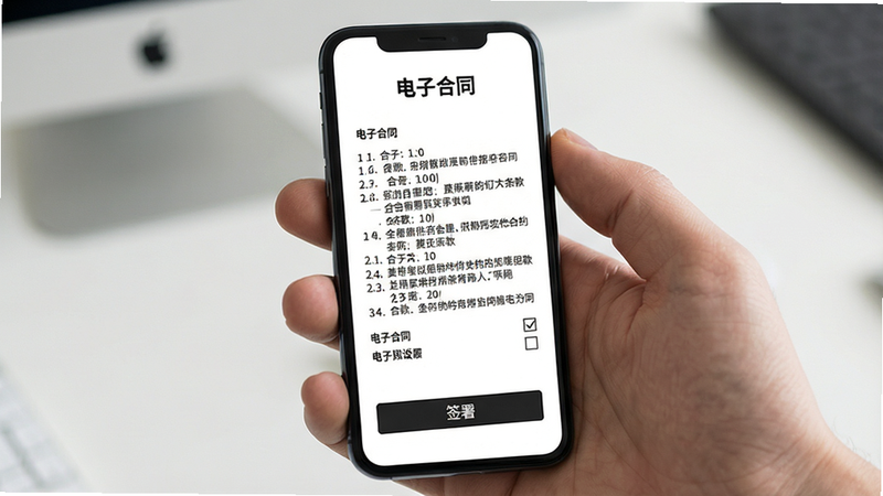 主体为手机屏幕显示的电子合同页面,顶部为