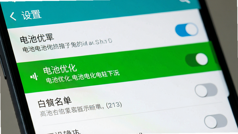 主体为手机设置界面截图,布局为列表式选项,高亮显示电池优化和白名单选项,风格为系统原生UI,细节包含开关按钮和文字说明,画质清晰,干净,无多余元素,文字内容