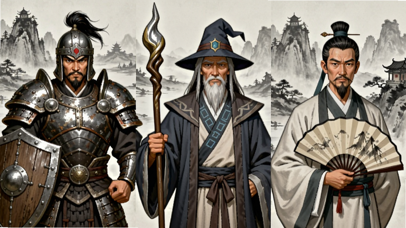 三个职业角色的半身像并排展示,左侧是持盾重甲战士,中间是持杖法师,右侧是持扇道士,背景是水墨风格的武侠场景,布局均衡,风格国风浓郁,细节刻画服装纹理,画质精致,干净无多余装饰