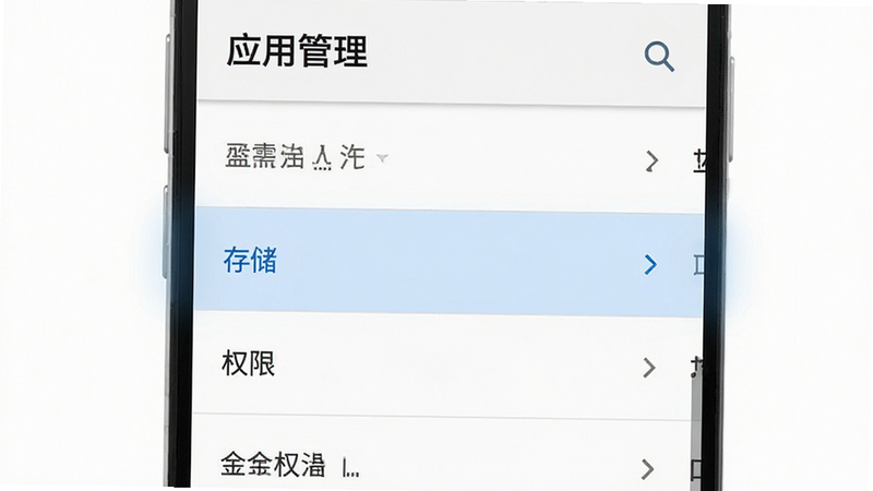 手机设置界面示意图,主体是安卓系统的“应用管理”页面,高亮显示“存储”和“权限”选项,背景是简洁的白色UI,布局垂直列表,风格扁平化,细节清晰,画质标准,干净无干扰元素