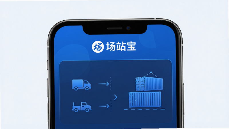 一张展示场站宝APP核心界面的概念图,主体为手机屏幕显示“场站宝”Logo及数据仪表盘,布局清晰,排版简洁,风格为现代科技蓝,细节包含车辆图标与集装箱图标,画质高清,干净无多余元素