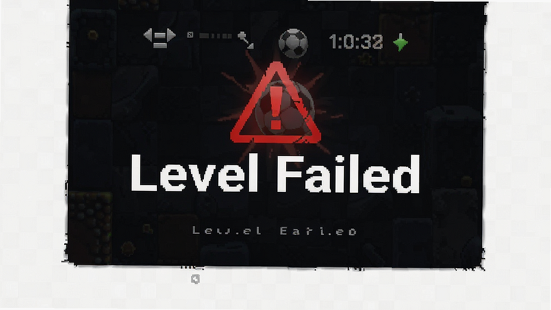 “不可思议的球”游戏失败界面截图,显示“Level Failed”字样,背景为深色,红色警示图标,简洁UI设计,高清细节,无水印,干净背景