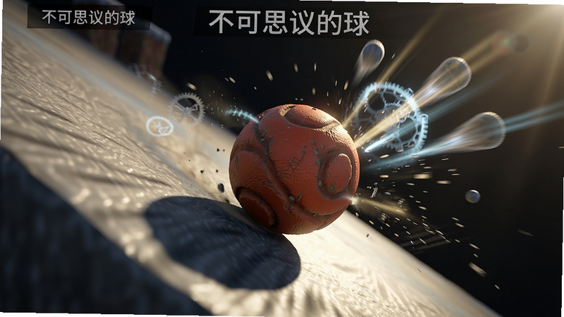 展示“不可思议的球”游戏内物理引擎效果,一个小球正在斜坡上滚动,周围有动态的光影效果,展示碰撞与反弹的瞬间,细节丰富,微距视角,8k分辨率,清晰展示球体纹理