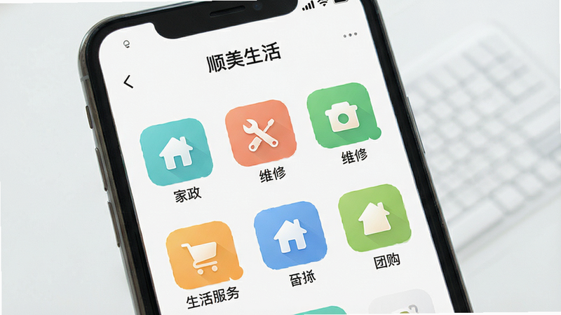 一张展示“顺美生活”APP服务大厅的图片,主体为手机界面,布局为网格状图标,包含“家政”、“维修”、“团购”等图标,风格现代简约,细节丰富,画质高清,干净,无多余元素,文字加引号