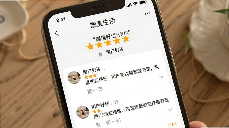 一张展示“顺美生活”APP用户评价界面的图片,主体为手机屏幕,显示五星好评和评论列表,风格温馨,细节清晰,画质高清,干净,无多余元素,文字加引号