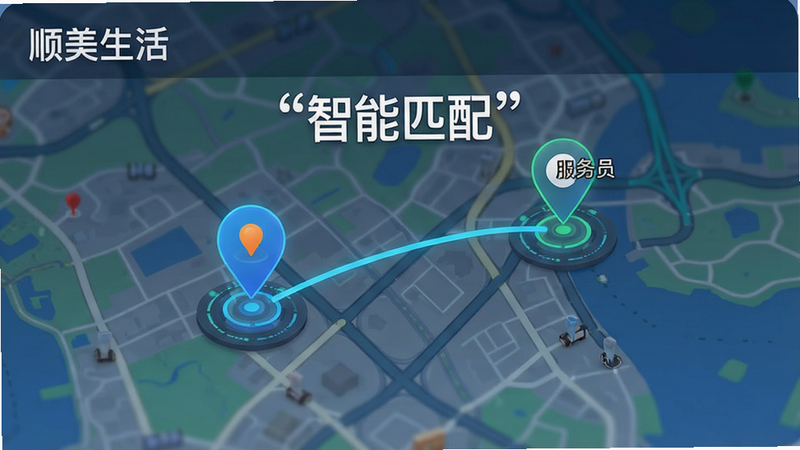 一张展示“顺美生活”APP定位匹配界面的图片,主体为地图背景,中间有用户定位点和服务员定位点,连线表示匹配,风格科技感,细节清晰,画质高清,干净,无多余元素,文字加引号