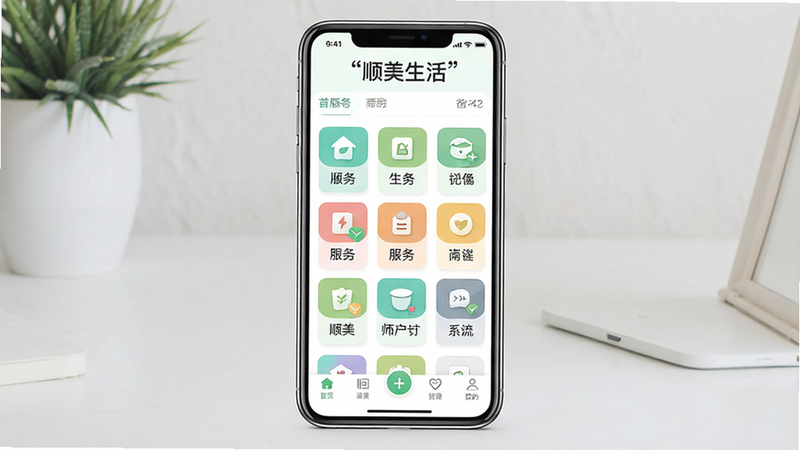一张展示“顺美生活”APP界面的全景图,主体为手机屏幕,布局清晰,顶部显示“顺美生活”Logo,中间展示服务分类图标,底部为导航栏,风格扁平化,色彩清新明亮,细节精致,画质高清,干净无多余元素,文字加引号