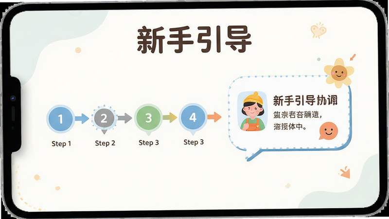 主体为新手引导界面,布局为步骤指示器与对话气泡,排版友好亲切,风格扁平插画风,细节处有引导箭头,画质高清,干净无多余元素,文字显示