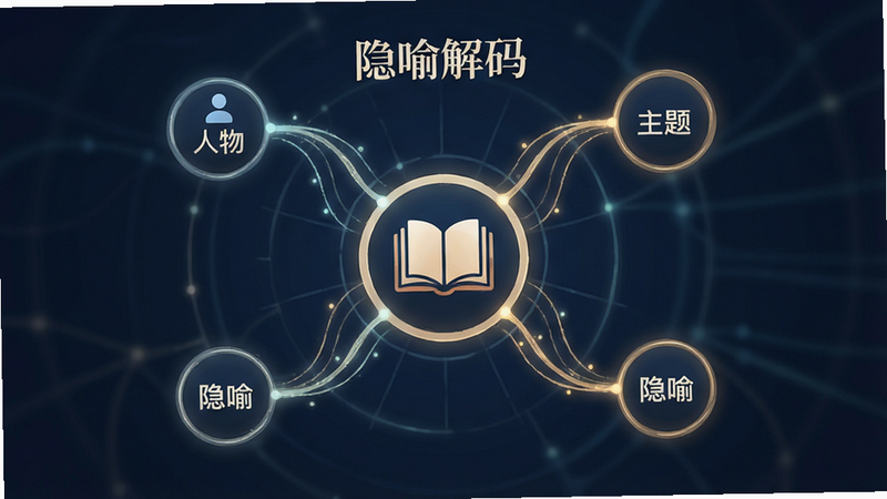 主体为软件功能演示界面,布局为中心辐射状图表,中心为书籍图标,四周延伸出“人物”、“主题”、“隐喻”等节点,排版清晰直观,风格学术插画风,细节处有连接线条发光,画质高清,干净无多余元素,文字显示
