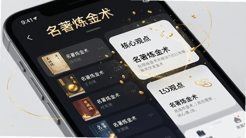 主体为手机屏幕特写,显示“名著炼金术”App界面,布局为左侧书籍列表右侧核心观点提炼卡片,排版整洁现代,风格极简科技风,细节处有金色粒子特效象征炼金,画质4k高清,干净无多余元素,文字显示