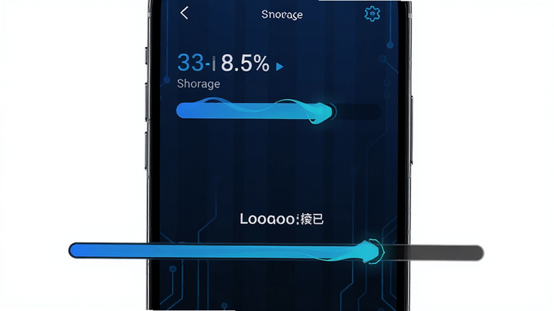 主体为手机存储管理界面与游戏加载进度条,布局上下结构,上方显示手机存储状态,下方显示游戏加载进度,排版直观,风格为科技感蓝色调,细节包含百分比数字和流畅的进度动画,画质高清,干净,无多余元素
