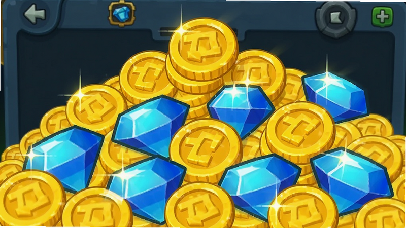 主体为游戏内资源界面,布局显示大量金色硬币与蓝色钻石堆积,排版夸张,风格为卡通特效,细节包含闪烁的光芒效果,画质明亮,干净,无多余元素