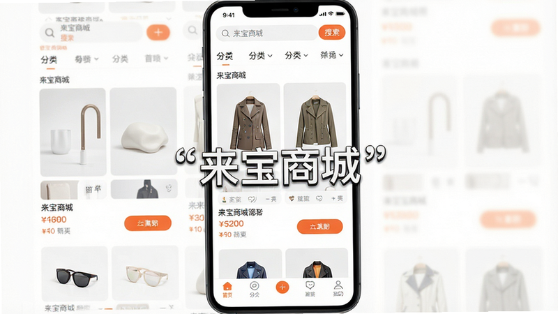 ����Ϊ�����̳�App���������ͼ�����ֲ��ñ�׼�ĵ����ٲ����ṹ��������ʾ����������ർ�����в�չʾ��ѡ��Ʒ��Ƭ������������ƷͼƬ���۸��ǩ�빺��ť���ײ�Ϊ���ܵ��������Ű��������򣬷���ִ���Լ��ɫ���԰�ɫΪ�ף�����Ʒ��ɫ��׺��ϸ�ڴ�������Ʒͼ�ĸ����ʸ���������Ϣ�������ɶ��ԣ����ʳ��壬�ɾ��޶���Ԫ�أ��м�����λ�ô����������֡������̳ǡ�